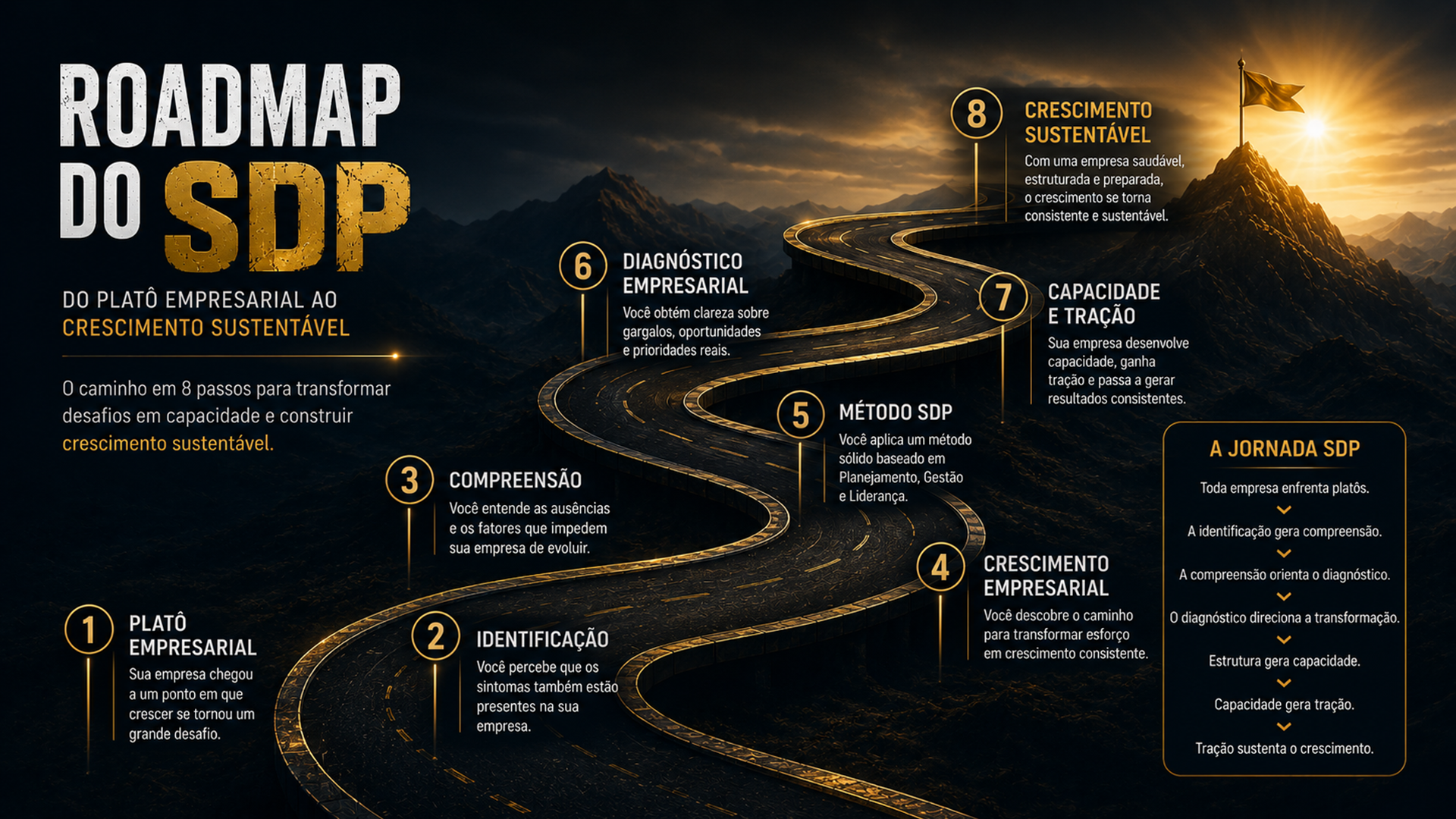 Infográfico RoadMap SDP ilustrando a jornada de desenvolvimento empresarial desde o Platô Empresarial até o Crescimento Sustentável por meio da Identificação, Compreensão, Crescimento Empresarial, Método SDP, Diagnóstico Empresarial, Capacidade e Tração.