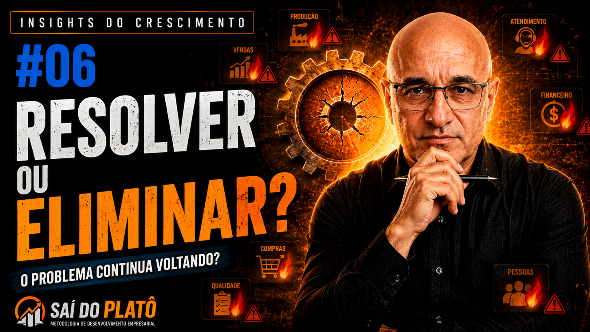 Ilustração representando problemas recorrentes na empresa, com diferentes setores ligados por um ciclo contínuo de alertas, simbolizando falhas que retornam repetidamente.