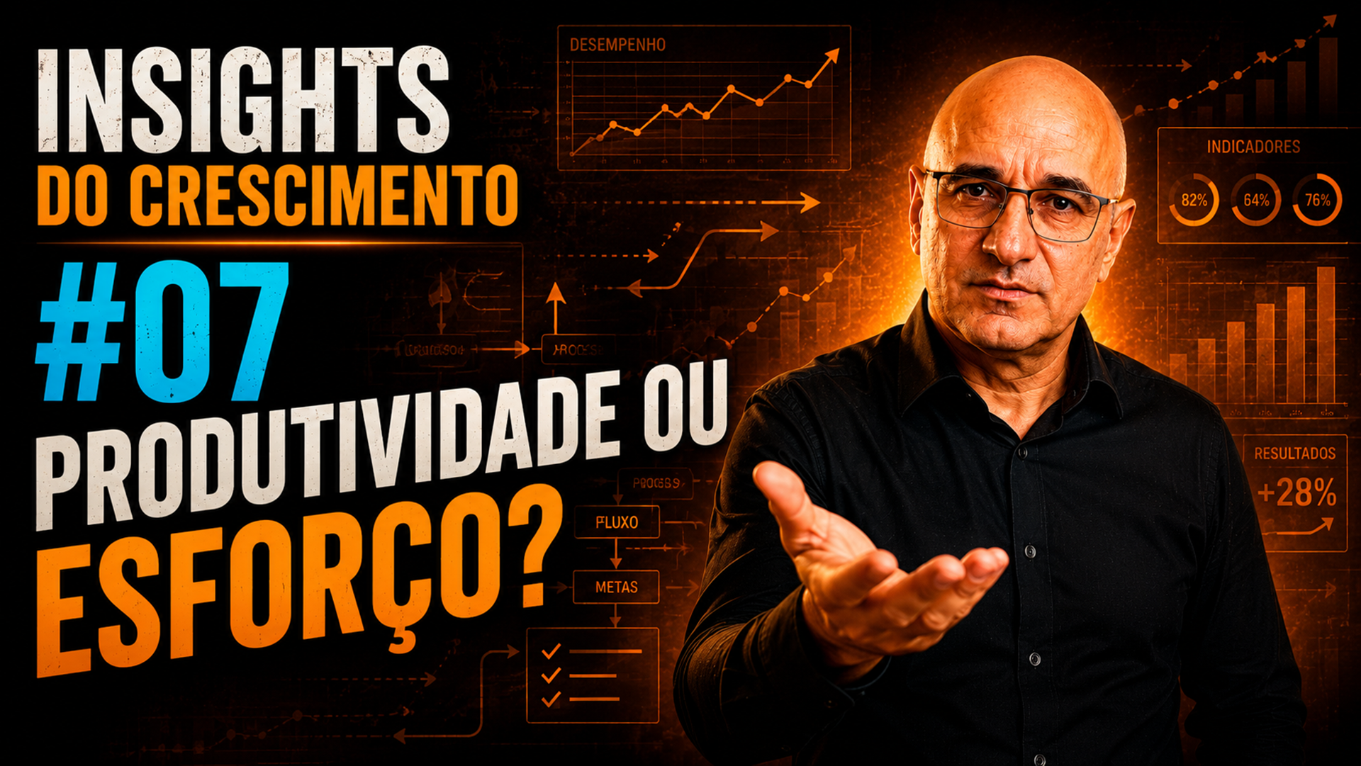 Empresário refletindo sobre produtividade empresarial diante de gráficos de desempenho e elementos que representam eficiência e processos.