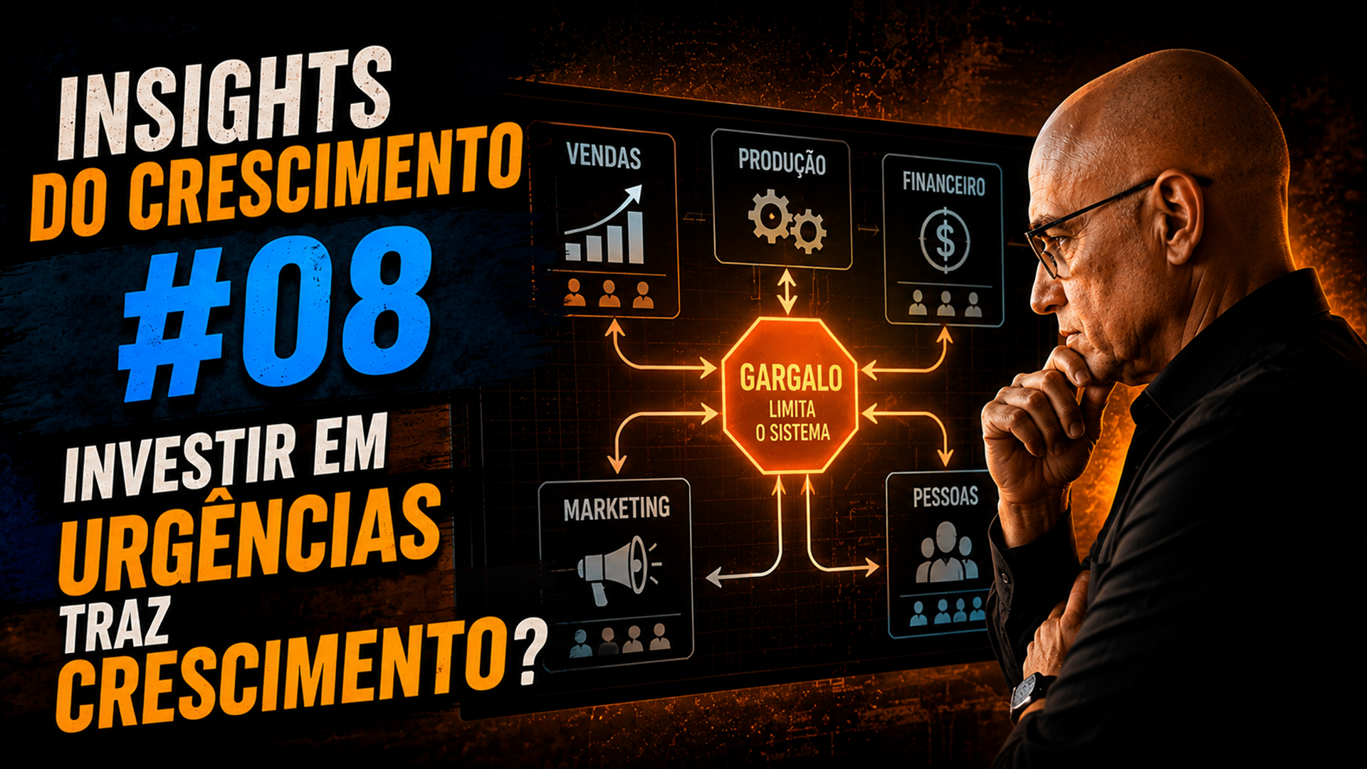 Empresário analisando um painel estratégico enquanto diferentes departamentos disputam investimentos, representando que o melhor investimento nem sempre é o mais urgente, mas sim o que faz a empresa evoluir.