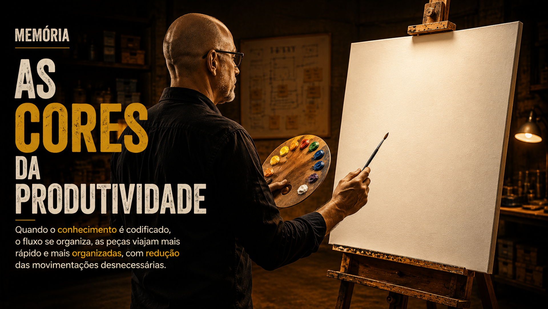 Ilustração da memória "As Cores da Produtividade", mostrando um consultor diante de uma tela em branco prestes a pintar, simbolizando a codificação do conhecimento para organizar processos, reduzir movimentações desnecessárias e aumentar a produtividade na Metodologia Sai do Platô.